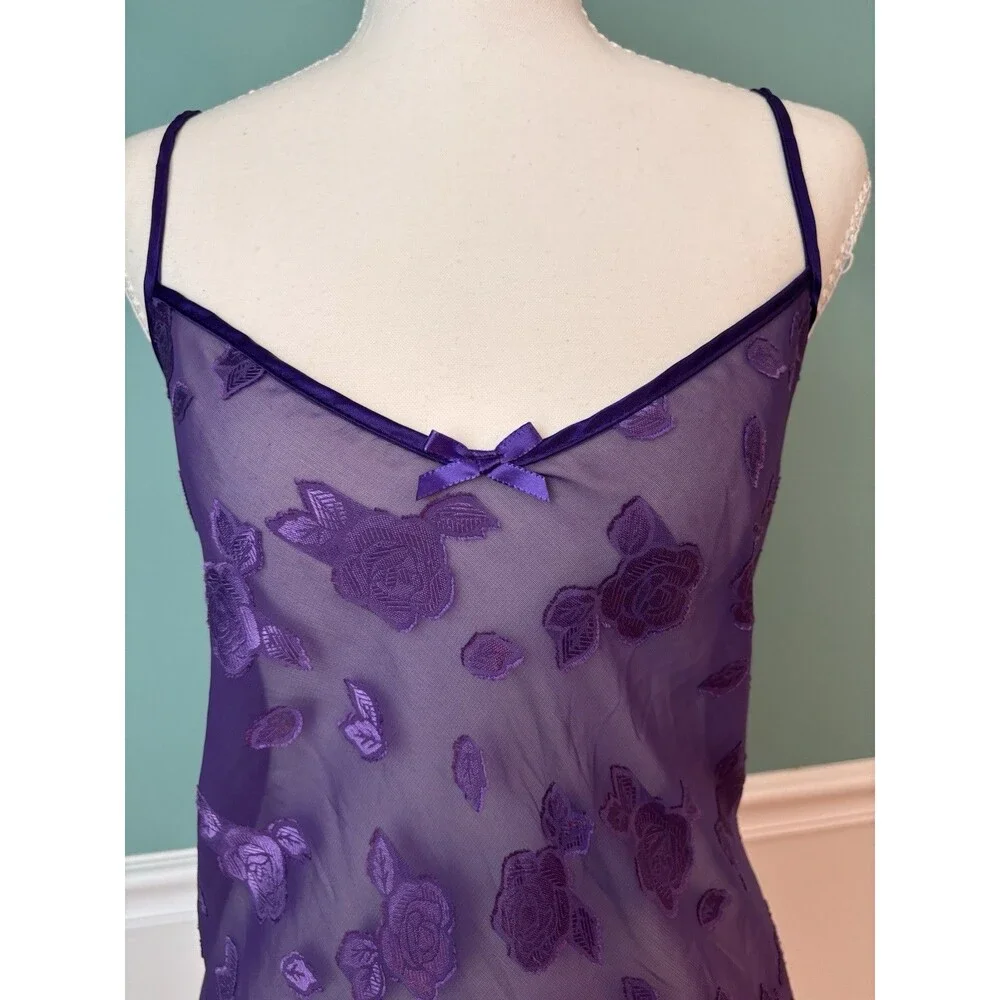 Vintage Y2K Sheer Purple Burnout Rose Mesh Slip Dress Babydoll Nightgown L